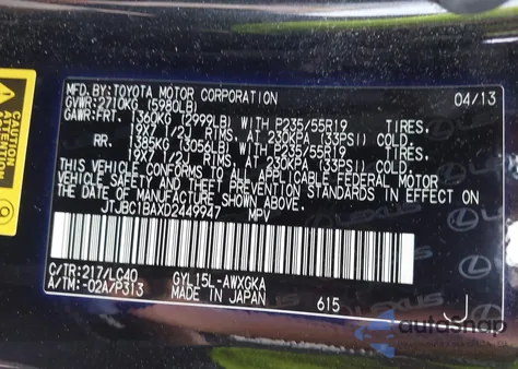 2013 Lexus Rx 450H z USA, uszkodzony, nr VIN JTJBC1BAXD2449947